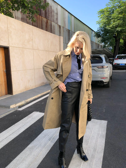 UK Fashion Fall Casual Double Breasted Simple Classic Long Trench Chic Female Windbreaker Coat