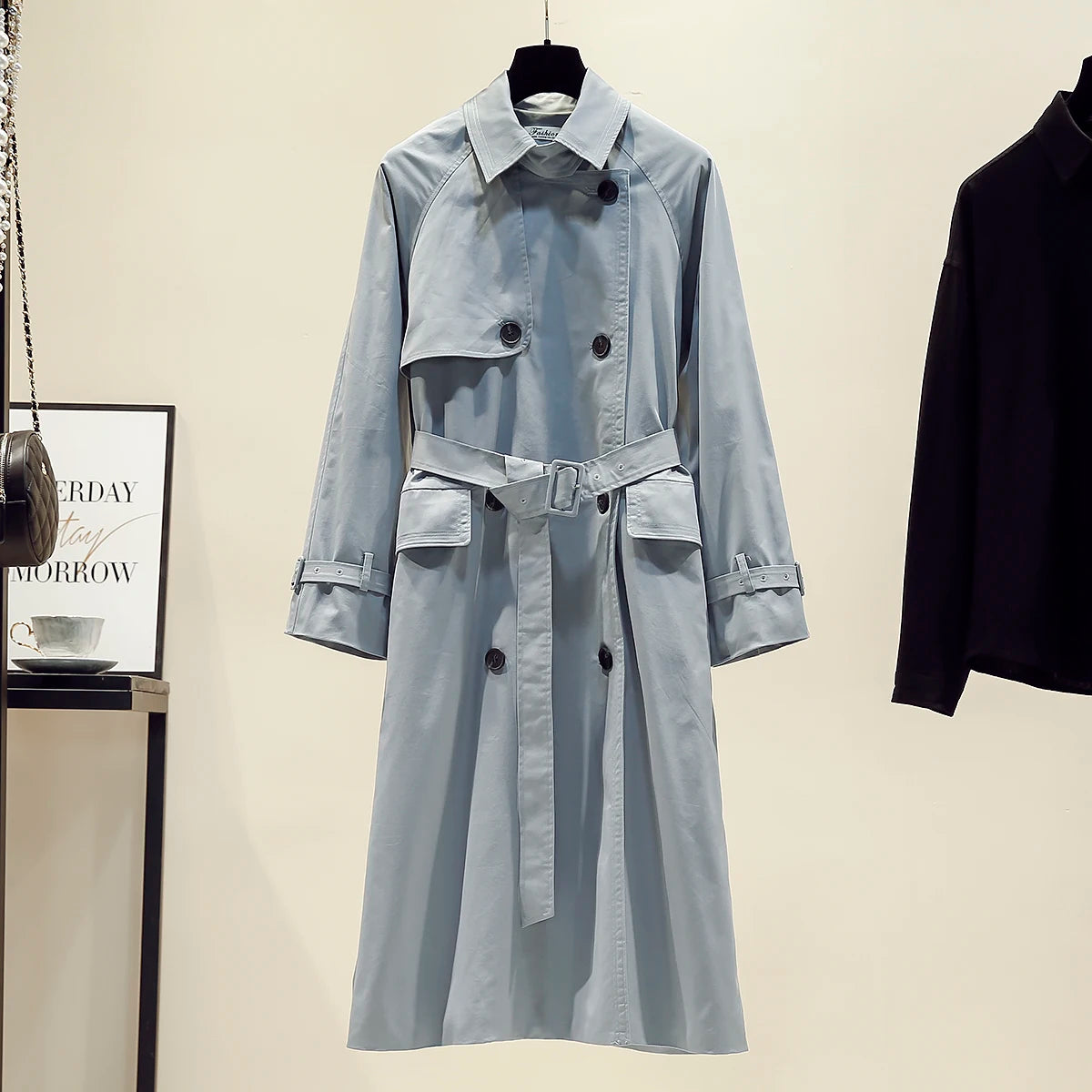 UK Fashion Fall Casual Double Breasted Simple Classic Long Trench Chic Female Windbreaker Coat