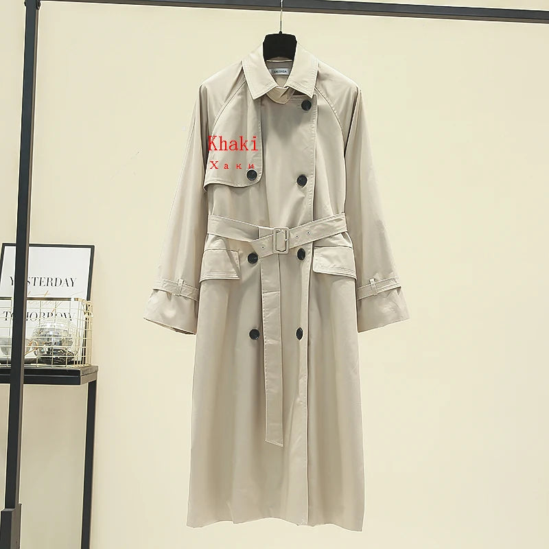 UK Fashion Fall Casual Double Breasted Simple Classic Long Trench Chic Female Windbreaker Coat