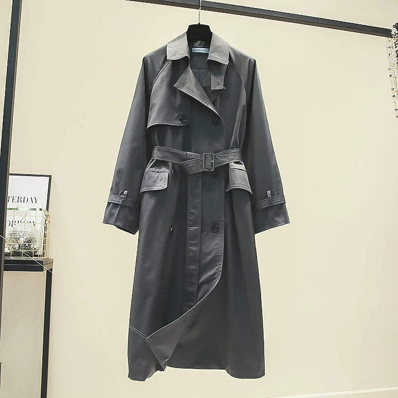 UK Fashion Fall Casual Double Breasted Simple Classic Long Trench Chic Female Windbreaker Coat