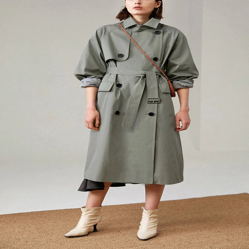 UK Fashion Fall Casual Double Breasted Simple Classic Long Trench Chic Female Windbreaker Coat