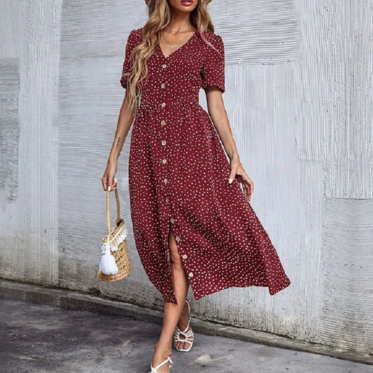 Vacation Chic Cardigan V-neck Short Sleeve Hem Slit Retro Dot Midi Dress