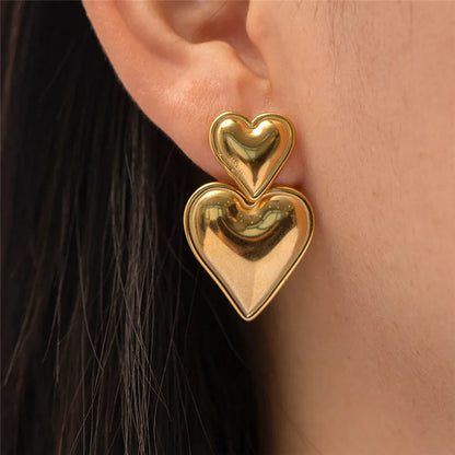 Vintage Gold Plated Stainless Steel Double Heart Shaped Fashion Jewelry Earring