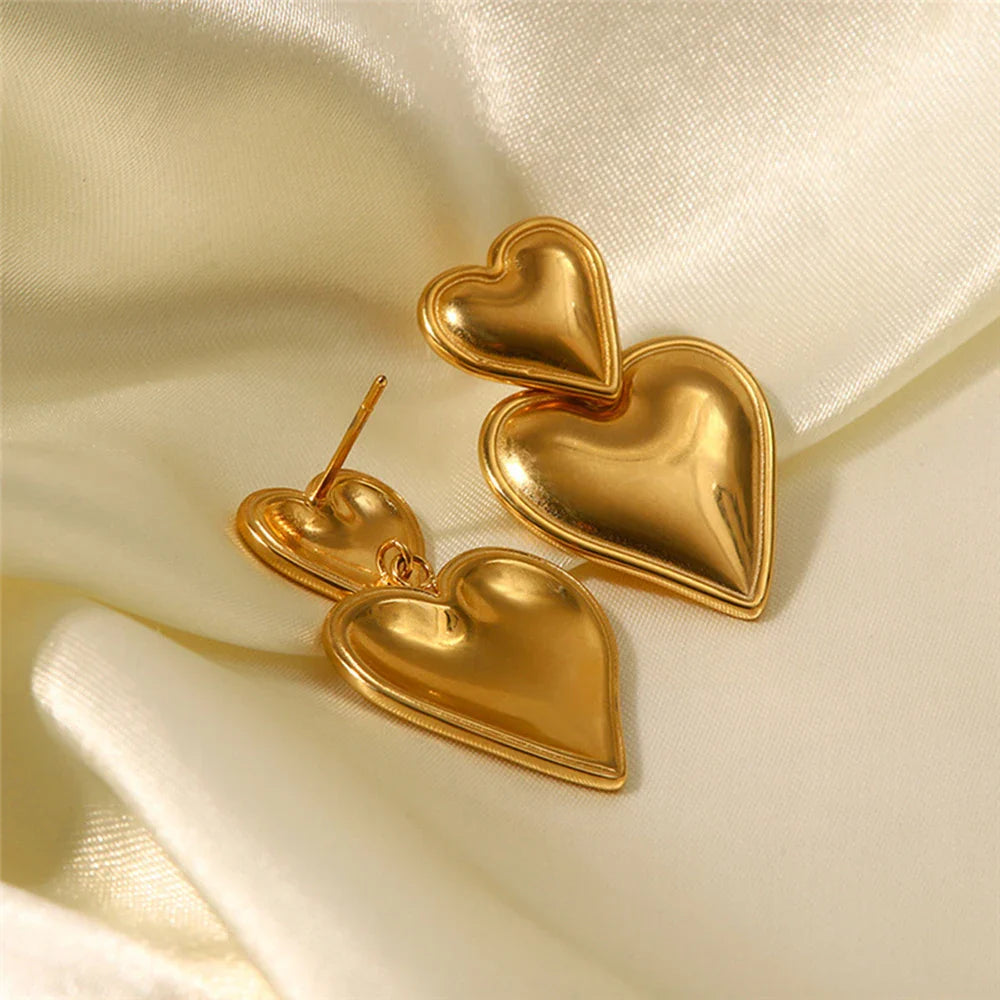 Vintage Gold Plated Stainless Steel Double Heart Shaped Fashion Jewelry Earring