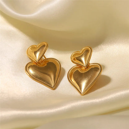 Vintage Gold Plated Stainless Steel Double Heart Shaped Fashion Jewelry Earring