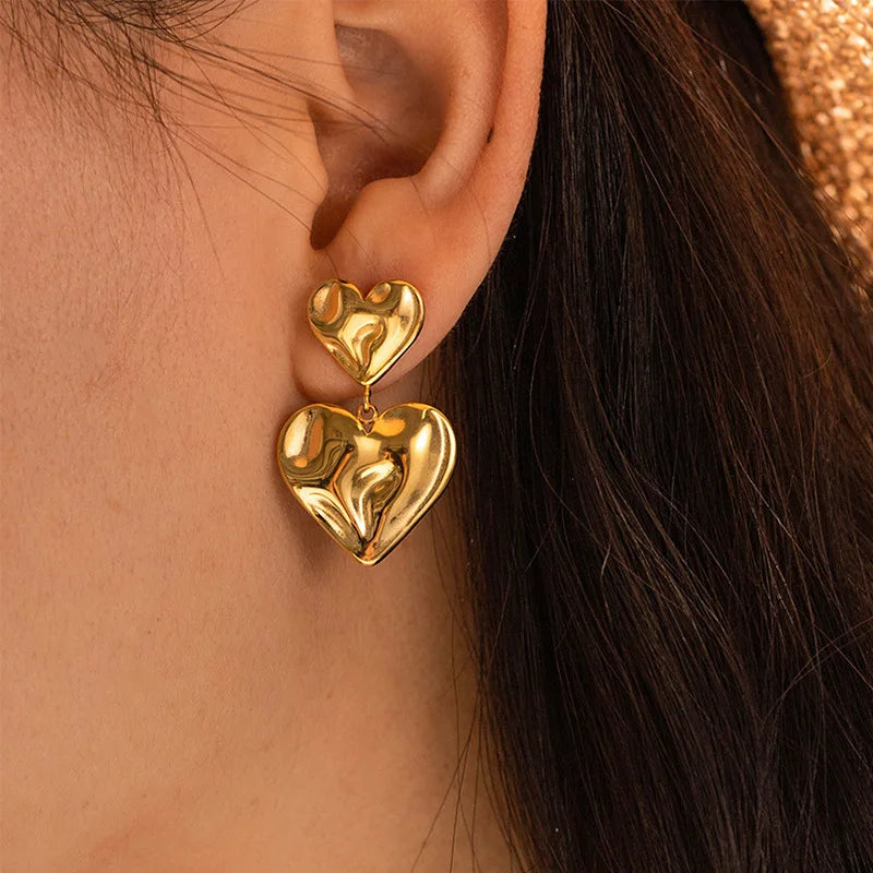 Vintage Gold Plated Stainless Steel Double Heart Shaped Fashion Jewelry Earring