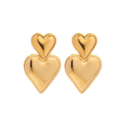 Vintage Gold Plated Stainless Steel Double Heart Shaped Fashion Jewelry Earring