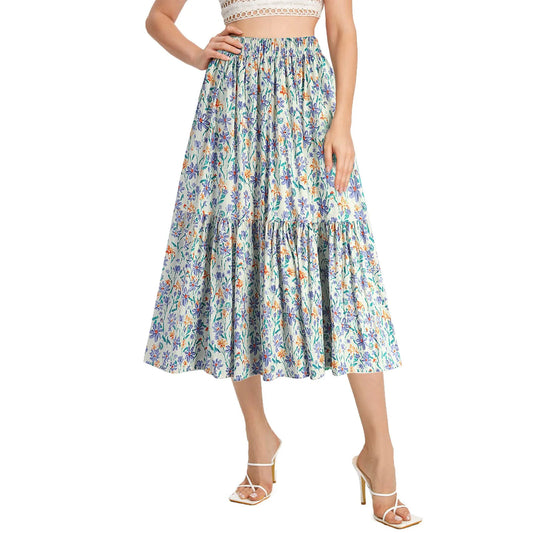 Floral Print High Waist Loose Summer Layer Half Casual A-Line Long Beach Vintage Skirt