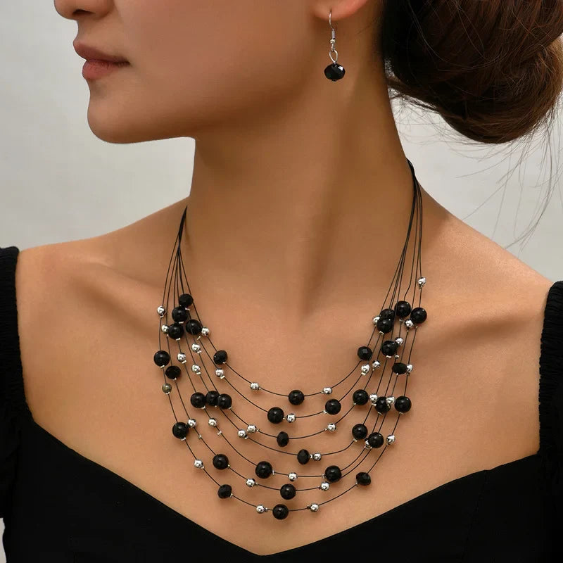 Layered Crystal Beads Statement Earring Wedding Party Accessories Vintage Necklace