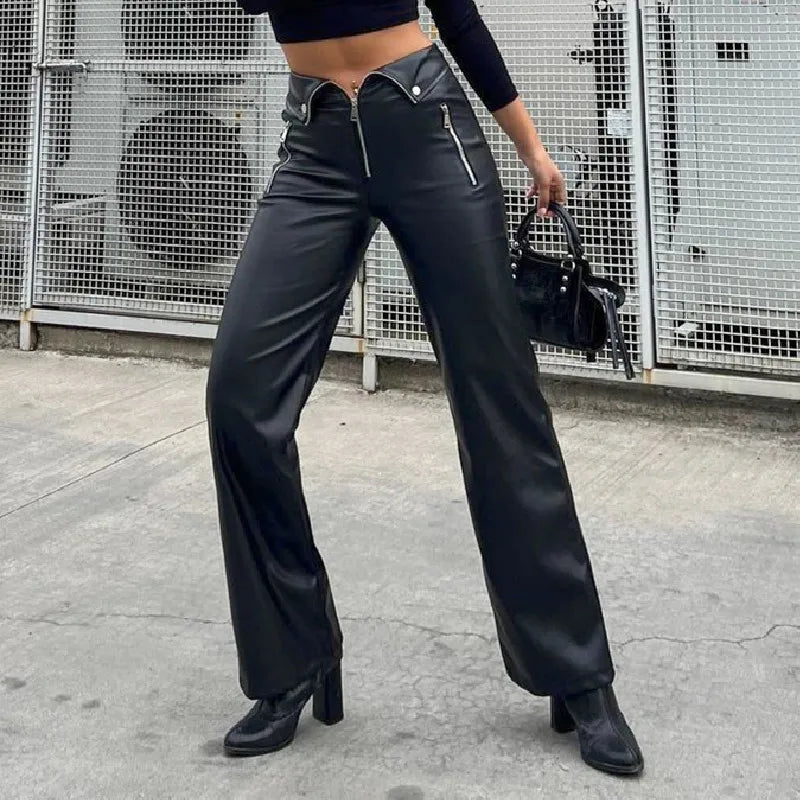 Y2K Fashion Leather High Waist Sexy Zipper Straight Slim Streetwear Winter Pants