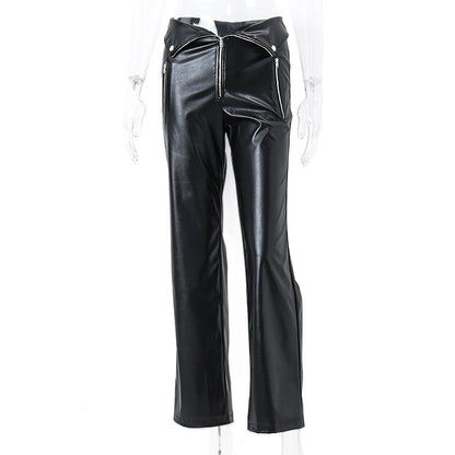 Y2K Fashion Leather High Waist Sexy Zipper Straight Slim Streetwear Winter Pants