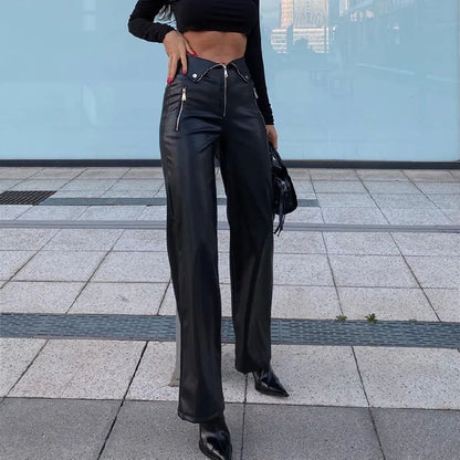 Y2K Fashion Leather High Waist Sexy Zipper Straight Slim Streetwear Winter Pants