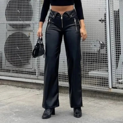 Y2K Fashion Leather High Waist Sexy Zipper Straight Slim Streetwear Winter Pants