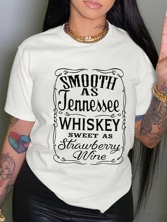 Whiskey Letter Print Short Sleeve Crew Neck Women's Casual Tee T-shirt for Spring & Summer