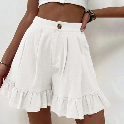 White Summer Loose Fitting Wide Leg A Line Ruffle Trim Cotton Linen Texture Soft Wear Short