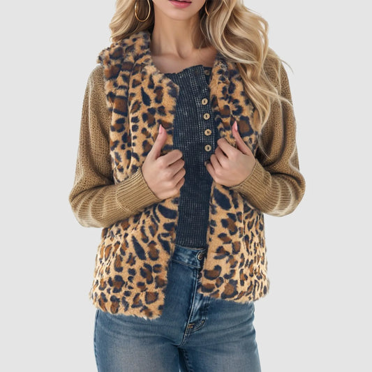 Leopard Print Sleeveless Fleece Jacket