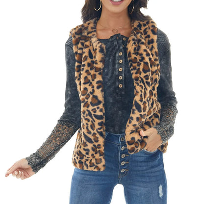 Leopard Print Sleeveless Fleece Jacket