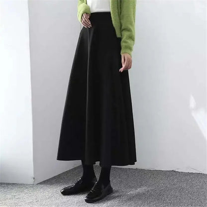 Fashionable High Waist Warm Basic Black Wool Casual Thick Chic Maxi Skirt