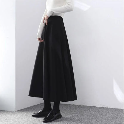 Fashionable High Waist Warm Basic Black Wool Casual Thick Chic Maxi Skirt