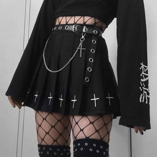 Women's Mini Waist Style Pleated Dark Cross Ladies High Mini Pattern Gothic Skirt