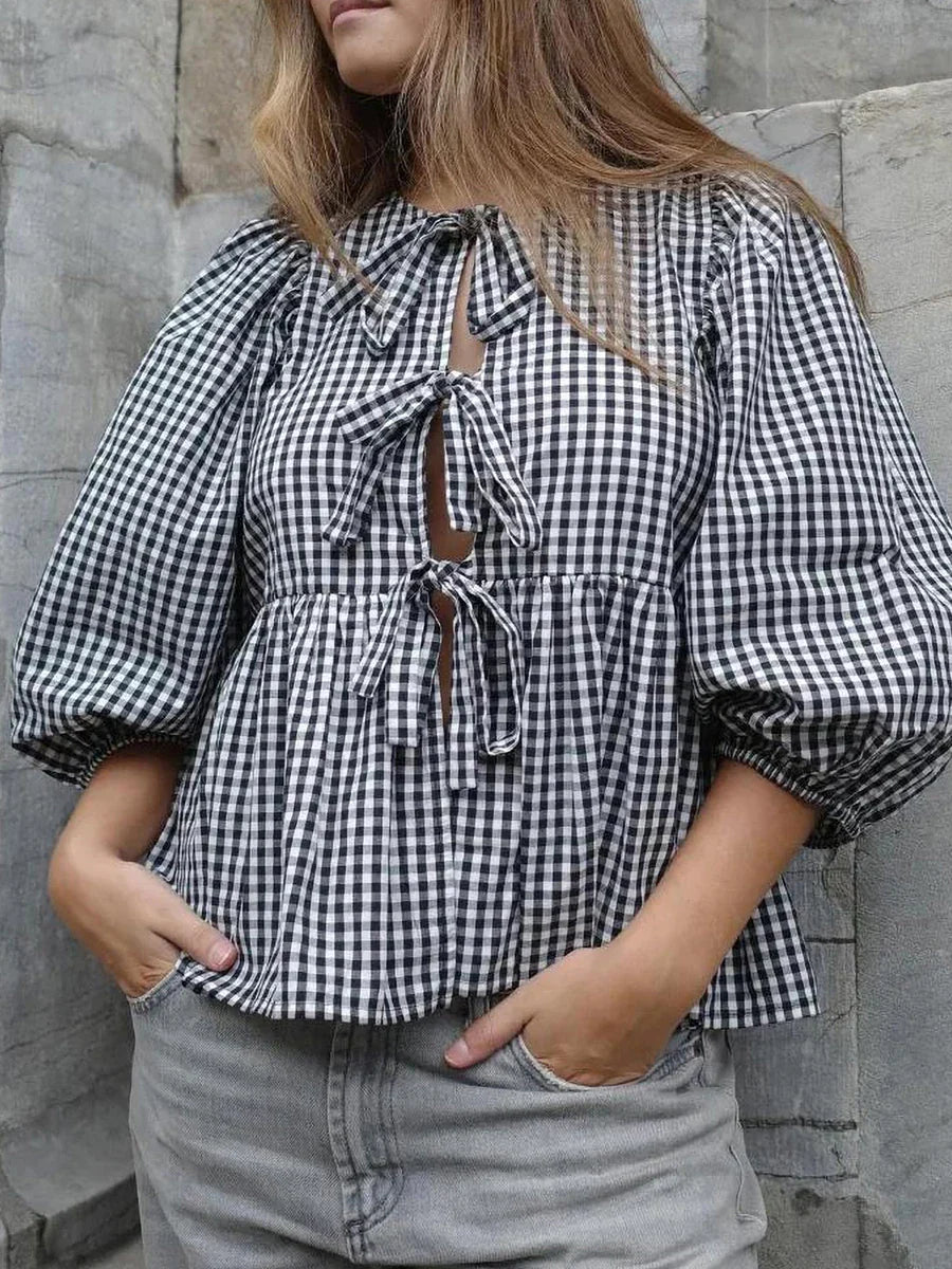 Casual Plaid Print 3/4 Sleeve Streetwear Aesthetic Y2K Basic Blouse