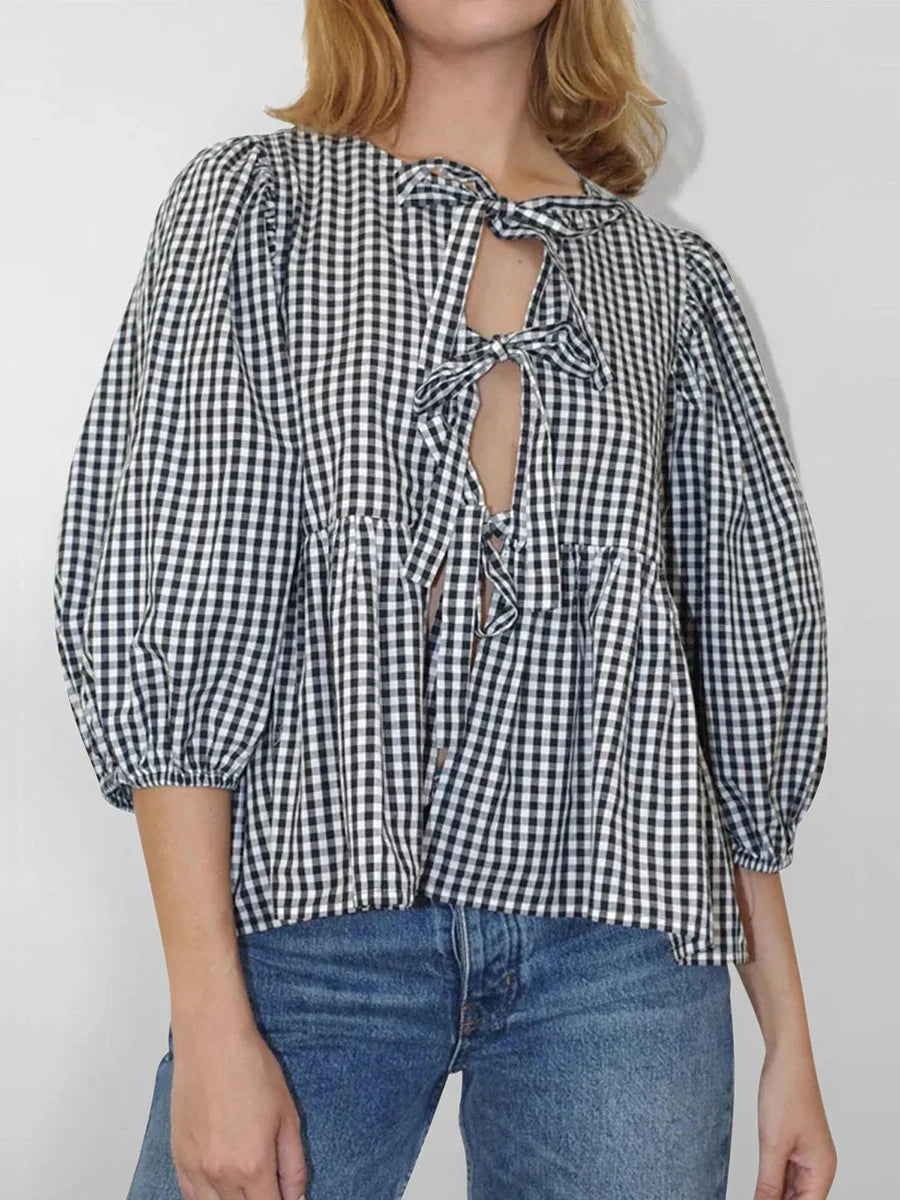 Casual Plaid Print 3/4 Sleeve Streetwear Aesthetic Y2K Basic Blouse