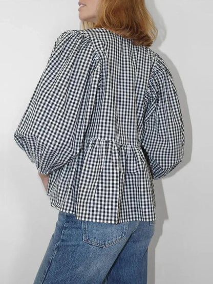 Casual Plaid Print 3/4 Sleeve Streetwear Aesthetic Y2K Basic Blouse