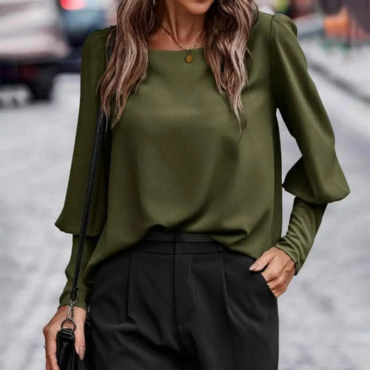 Women Blouse Lantern Sleeve Button Closure Round Neck Spring Blouse