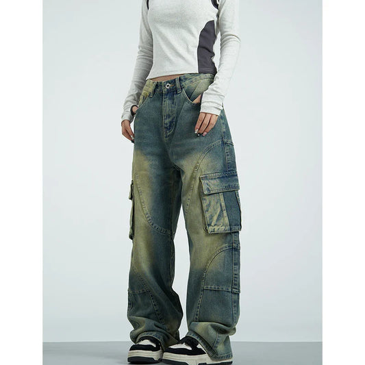 High Streetwear Leg Waist Blue Cargo American Fashion Y2K Wide Winter Jeans