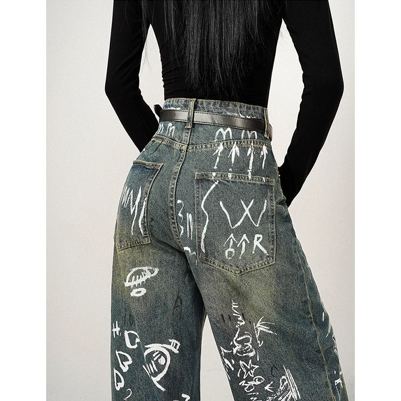 Blue Hip Fashion Winter Leg Streetwear High Waist Straight Wide Hop Graffiti Jeans