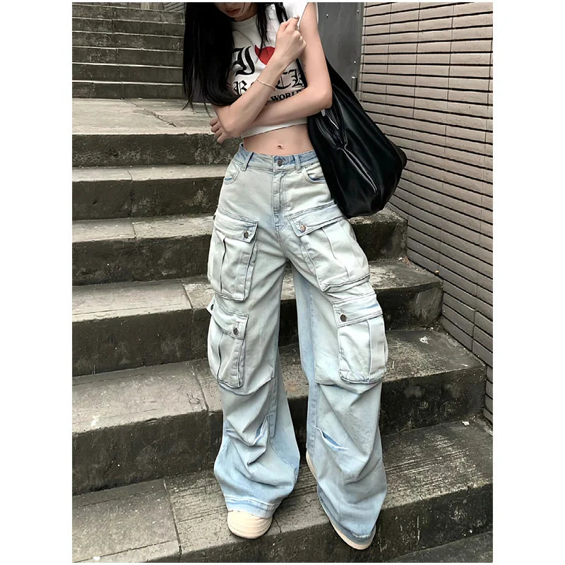 Leg Streetwear Waist Blue Y2K American Hop Hip Wide Fashion High Winter Jeans