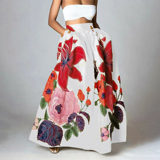 Floral Embroidered Print Maxi Skirt Summer High Waist With Pocket Party Beach Swing Long Bohemian Skirt