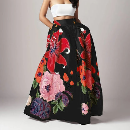 Floral Embroidered Print Maxi Skirt Summer High Waist With Pocket Party Beach Swing Long Bohemian Skirt