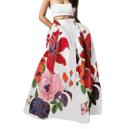 Floral Embroidered Print Maxi Skirt Summer High Waist With Pocket Party Beach Swing Long Bohemian Skirt