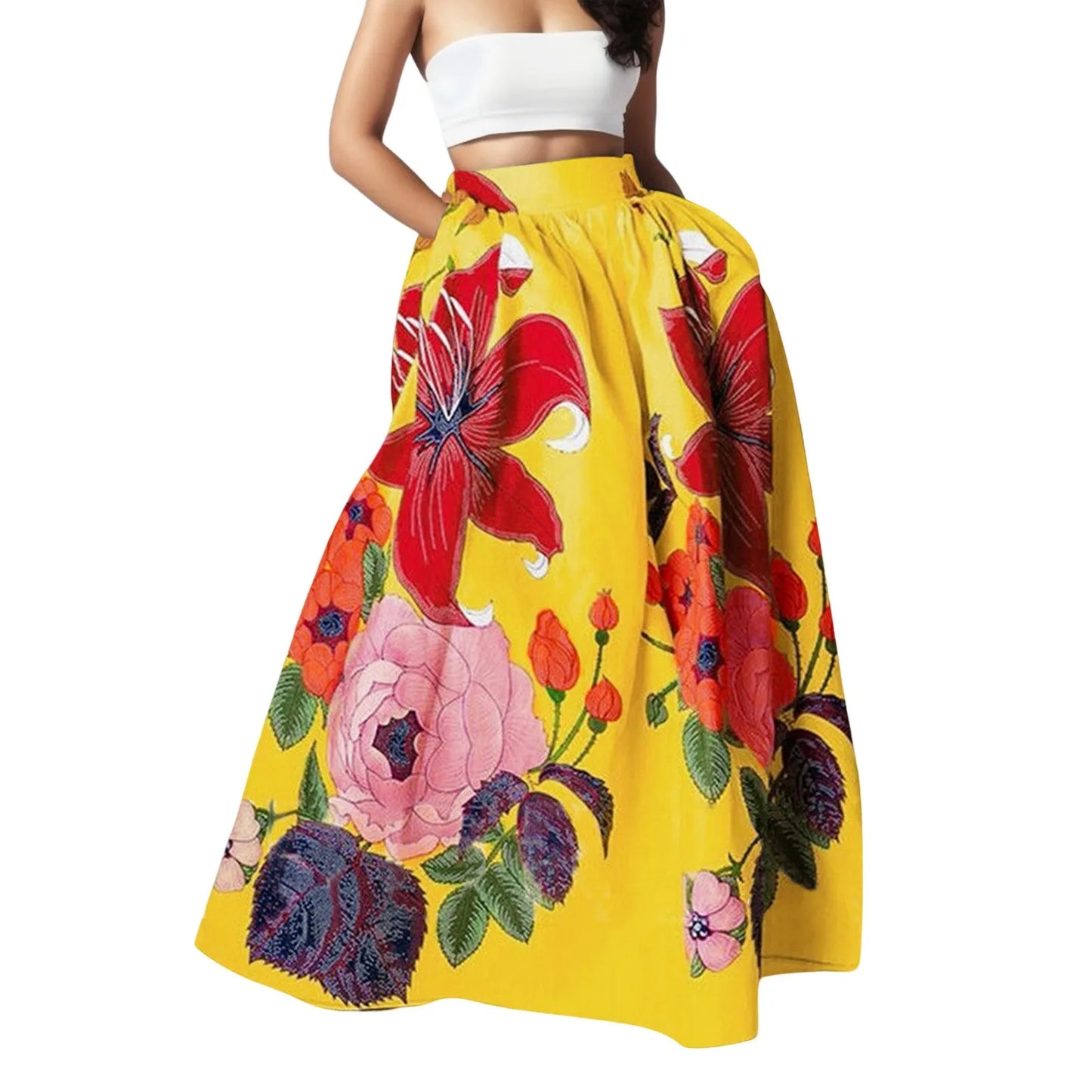 Floral Embroidered Print Maxi Skirt Summer High Waist With Pocket Party Beach Swing Long Bohemian Skirt