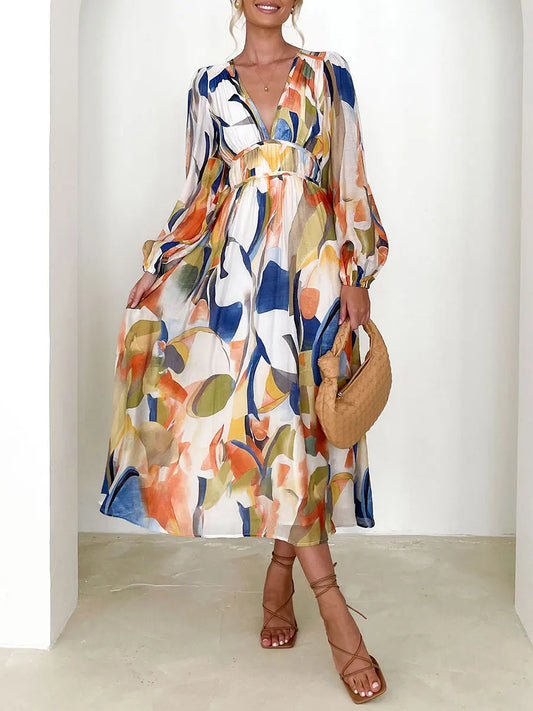 Floral Print V-Neck Long Puff Sleeve High Waist A-Line Spring Fall Casual Maxi Bohemian Dress