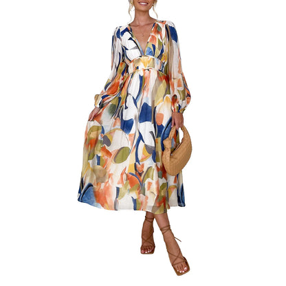 Floral Print V-Neck Long Puff Sleeve High Waist A-Line Spring Fall Casual Maxi Bohemian Dress