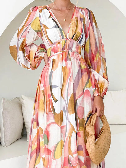 Floral Print V-Neck Long Puff Sleeve High Waist A-Line Spring Fall Casual Maxi Bohemian Dress