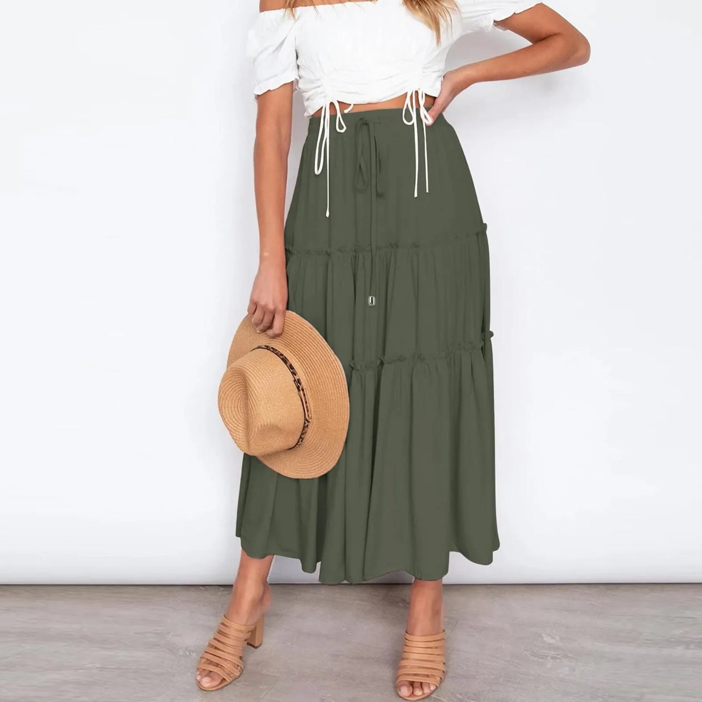 Pleated Skirt Large Hem High Waist Elastic Patchwork Cake A-line Boho Swing Beach Vintage Maxi Boho Skirt