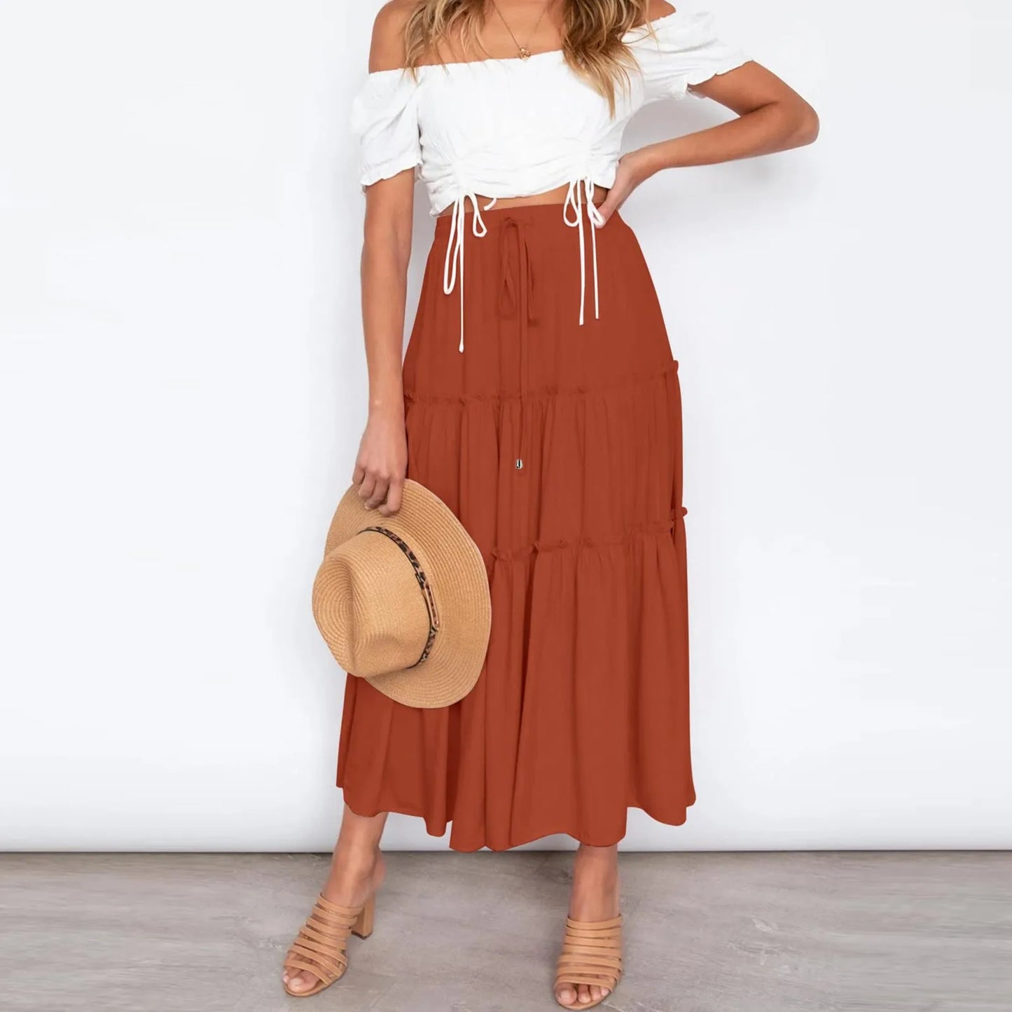 Pleated Skirt Large Hem High Waist Elastic Patchwork Cake A-line Boho Swing Beach Vintage Maxi Boho Skirt