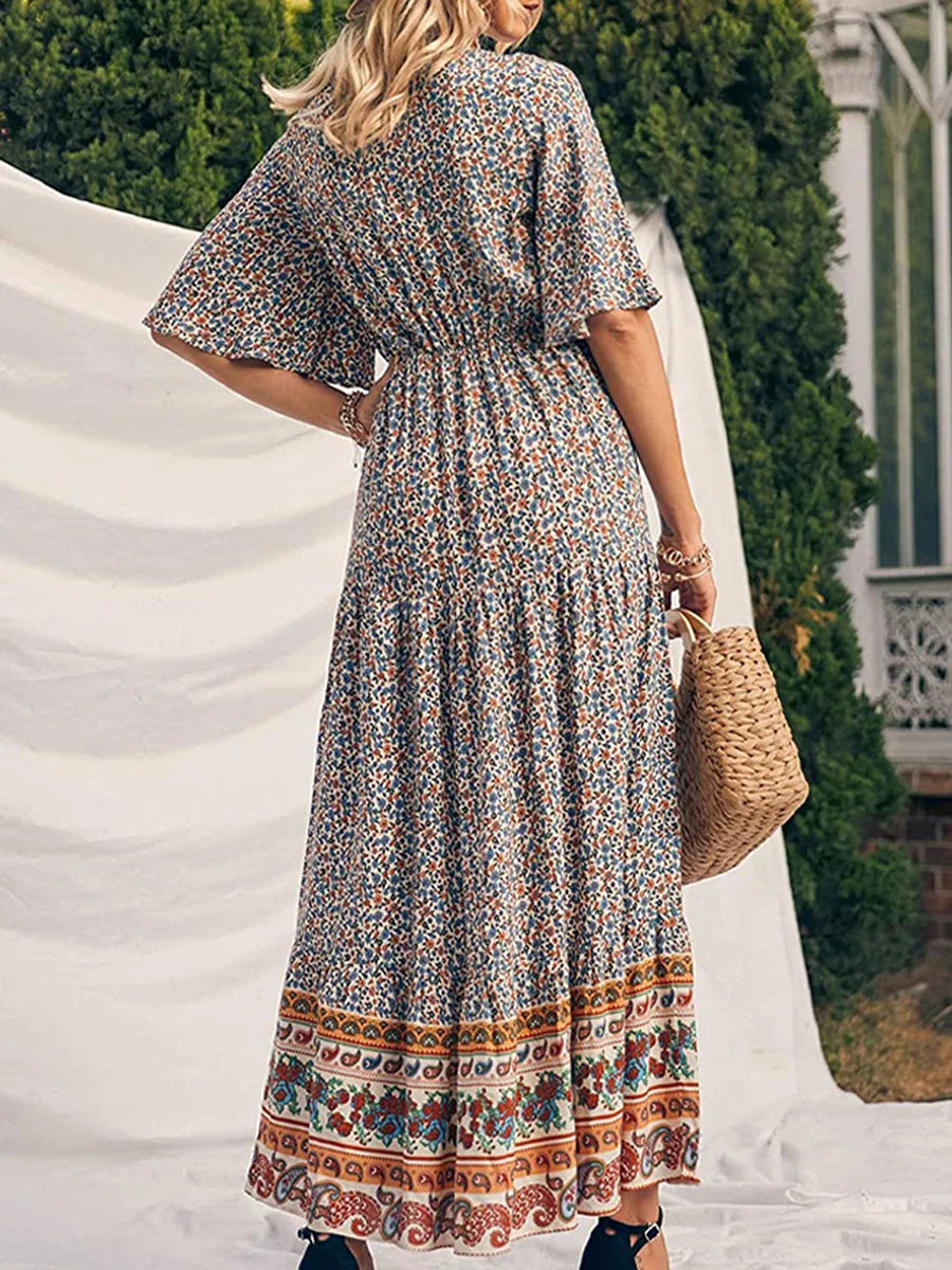 Summer Retro Print Short Sleeve V-Neck High Waist Beach Holiday Ethnic Maxi Boho Dress