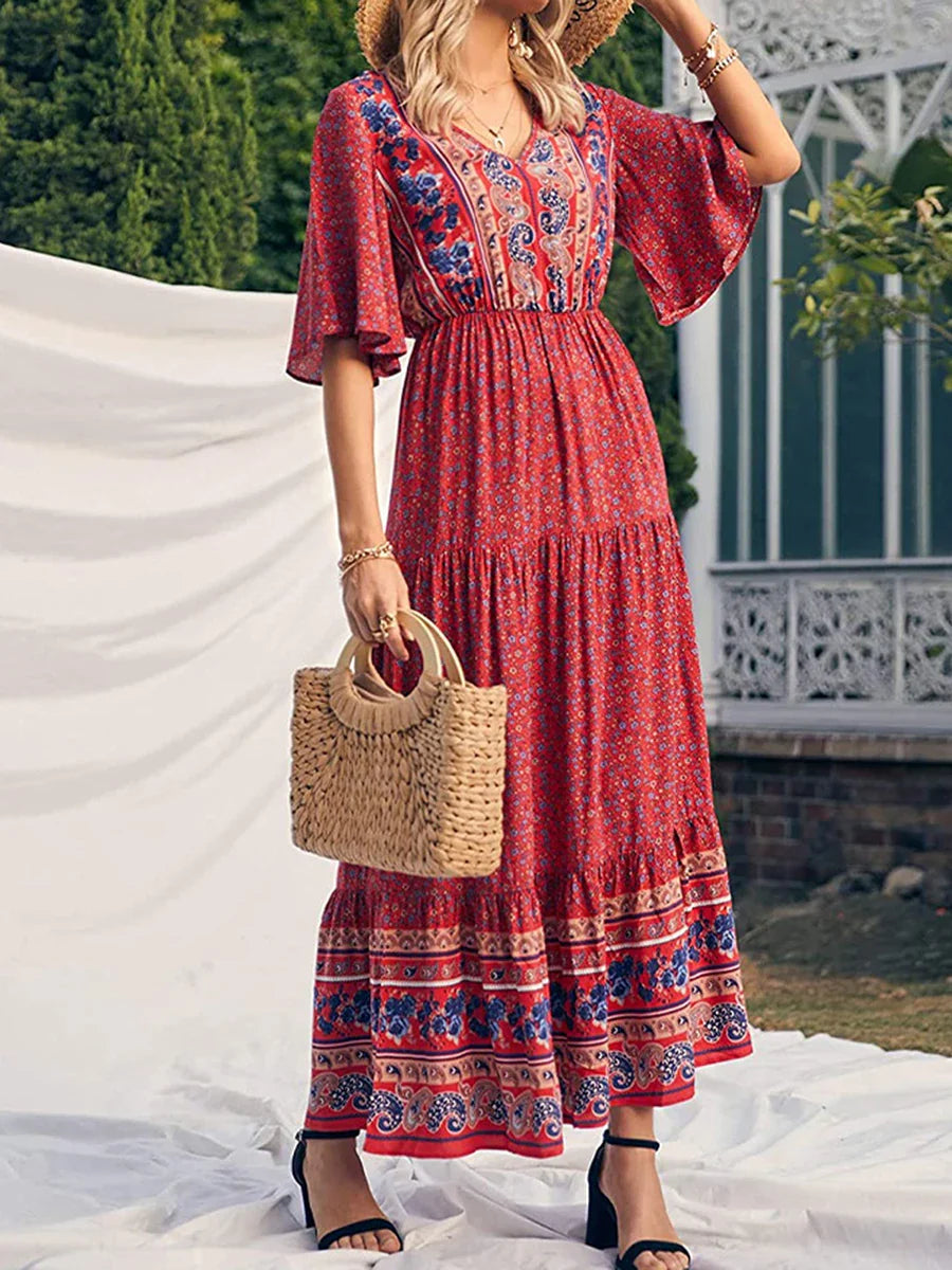 Summer Retro Print Short Sleeve V-Neck High Waist Beach Holiday Ethnic Maxi Boho Dress