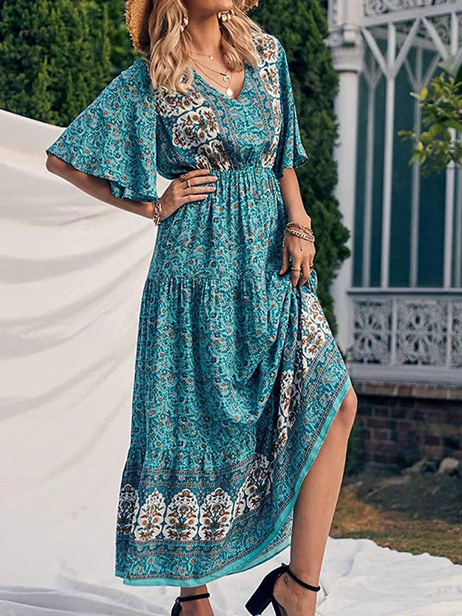 Summer Retro Print Short Sleeve V-Neck High Waist Beach Holiday Ethnic Maxi Boho Dress