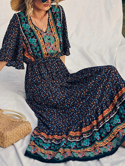 Summer Retro Print Short Sleeve V-Neck High Waist Beach Holiday Ethnic Maxi Boho Dress