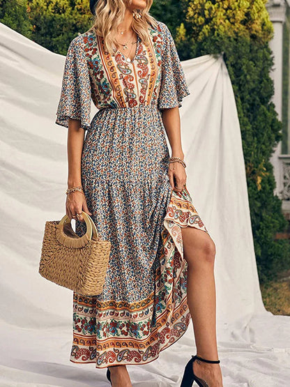 Summer Retro Print Short Sleeve V-Neck High Waist Beach Holiday Ethnic Maxi Boho Dress