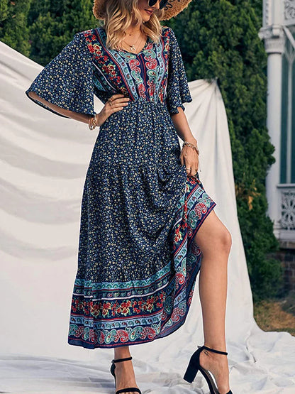 Summer Retro Print Short Sleeve V-Neck High Waist Beach Holiday Ethnic Maxi Boho Dress