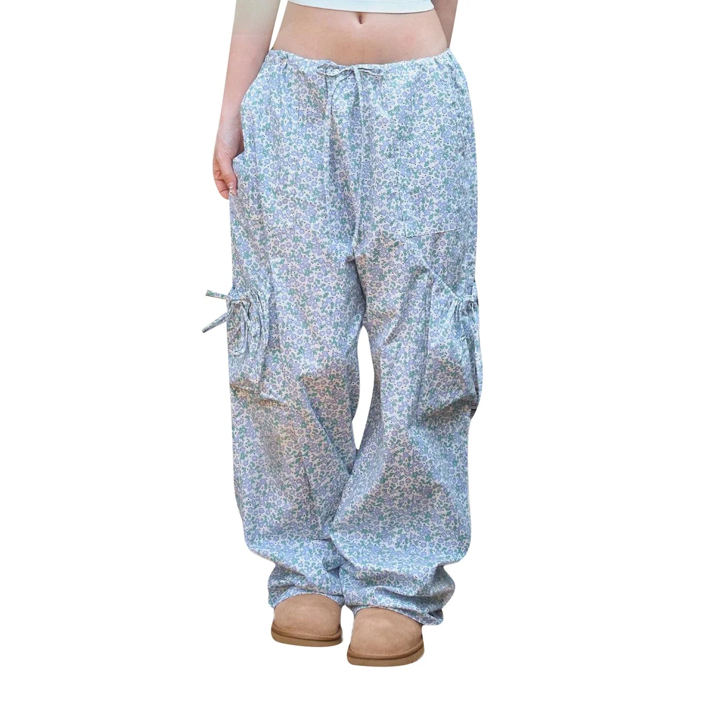 Baggy Cargo Floral Drawstring Wide Multiple Pockets Fashion Casual Pants