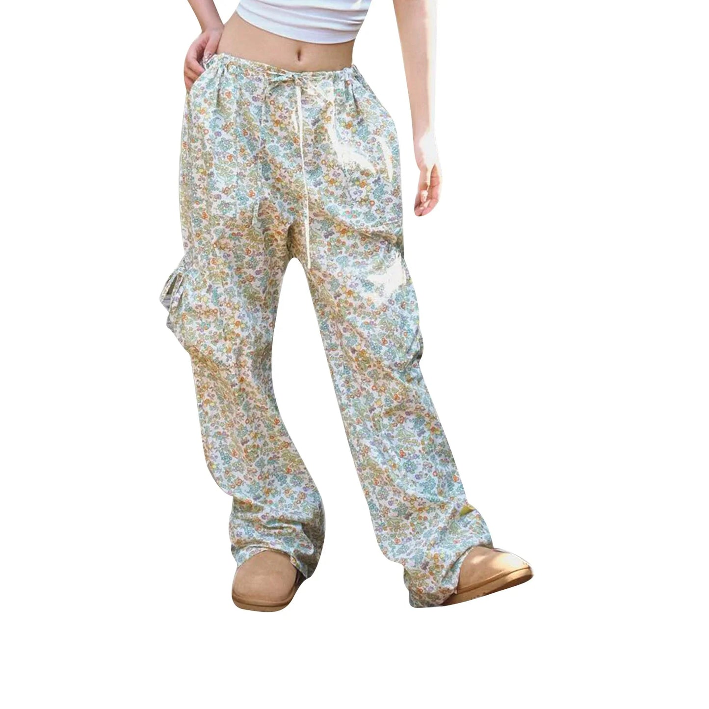 Baggy Cargo Floral Drawstring Wide Multiple Pockets Fashion Casual Pants