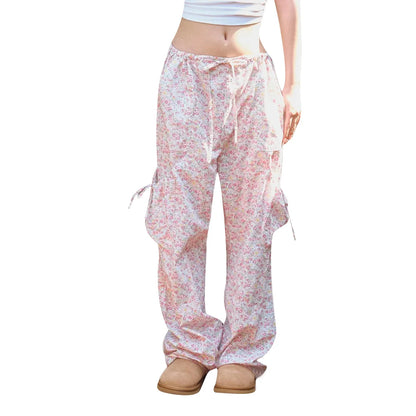 Baggy Cargo Floral Drawstring Wide Multiple Pockets Fashion Casual Pants