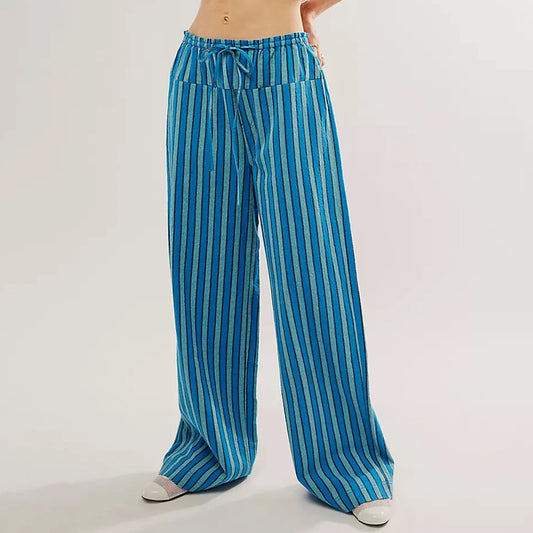 Baggy Drawstring Wide Striped Loose Multiple Pockets Fashion Casual Pants